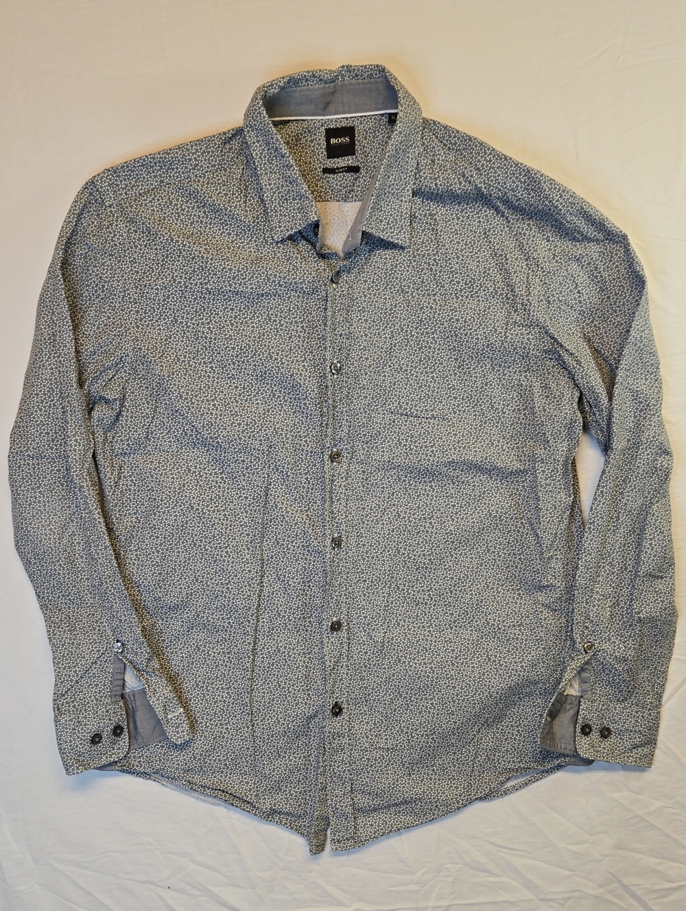 Hugo Boss Blue & White Micro Print Button Down Long Sleeve Casual Dress Shirt